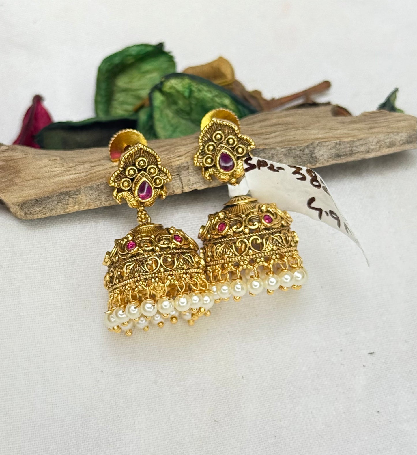 38225 Nakshi double peacock jhumki with pearl hanging