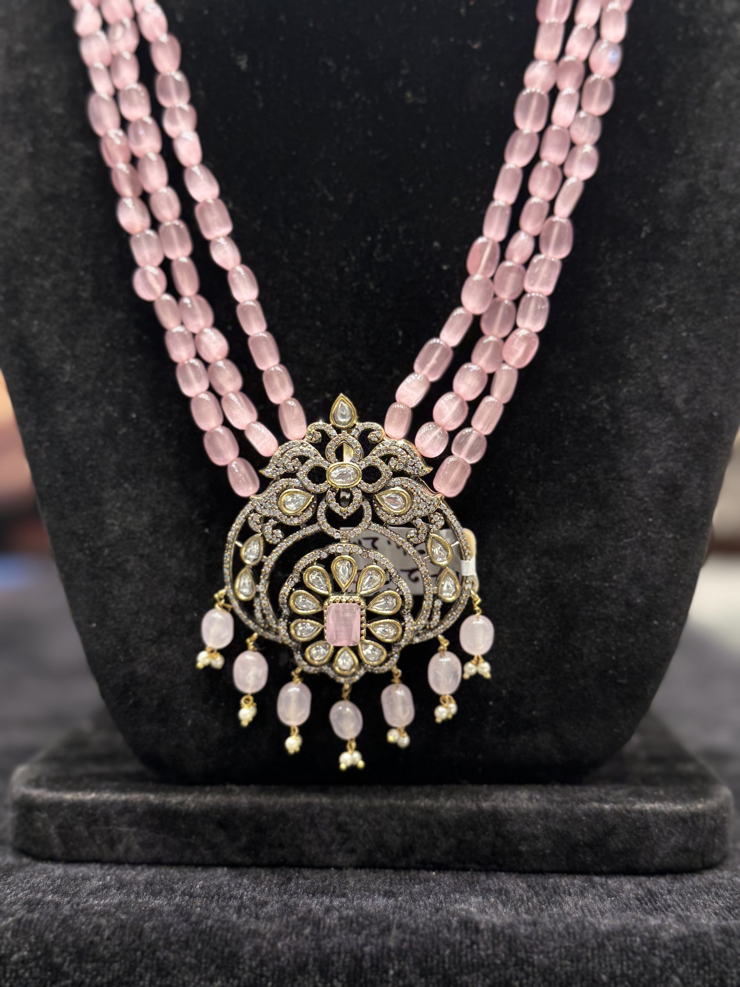 27722 Victorian Beads Mala with Pink Monalisa Beads and Peacock Pendant