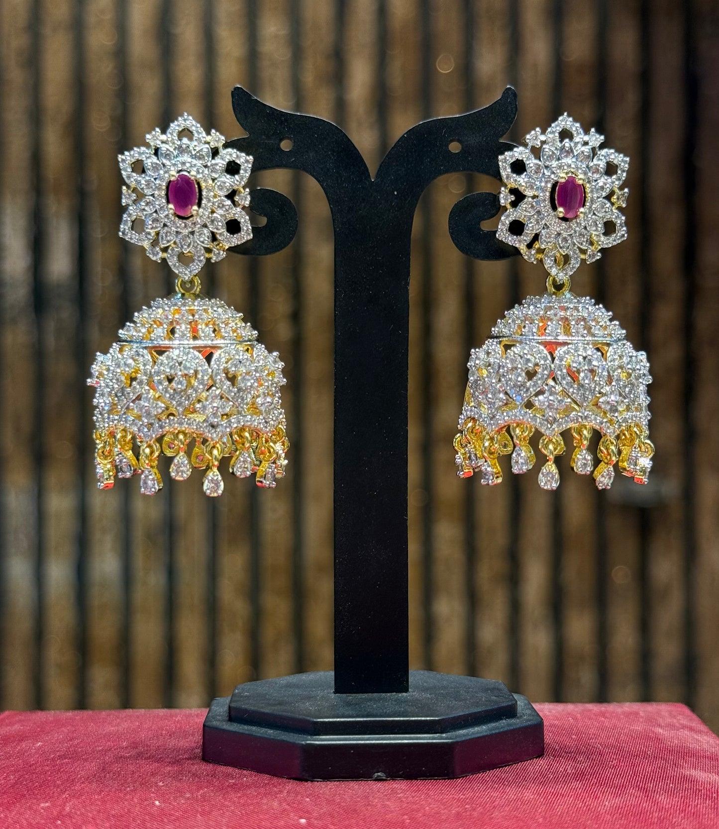 39770 Detachable 2 IN 1 Real diamond Look Jhumka with Ruby stones