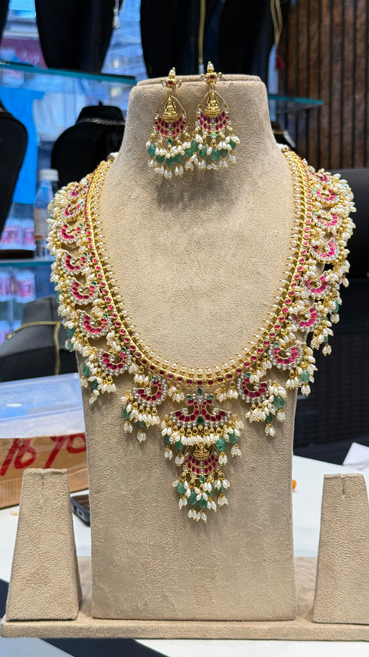 41839 Hand made gold design guttapusalu bridal Long necklace with Lakshmi locket and rice pearls