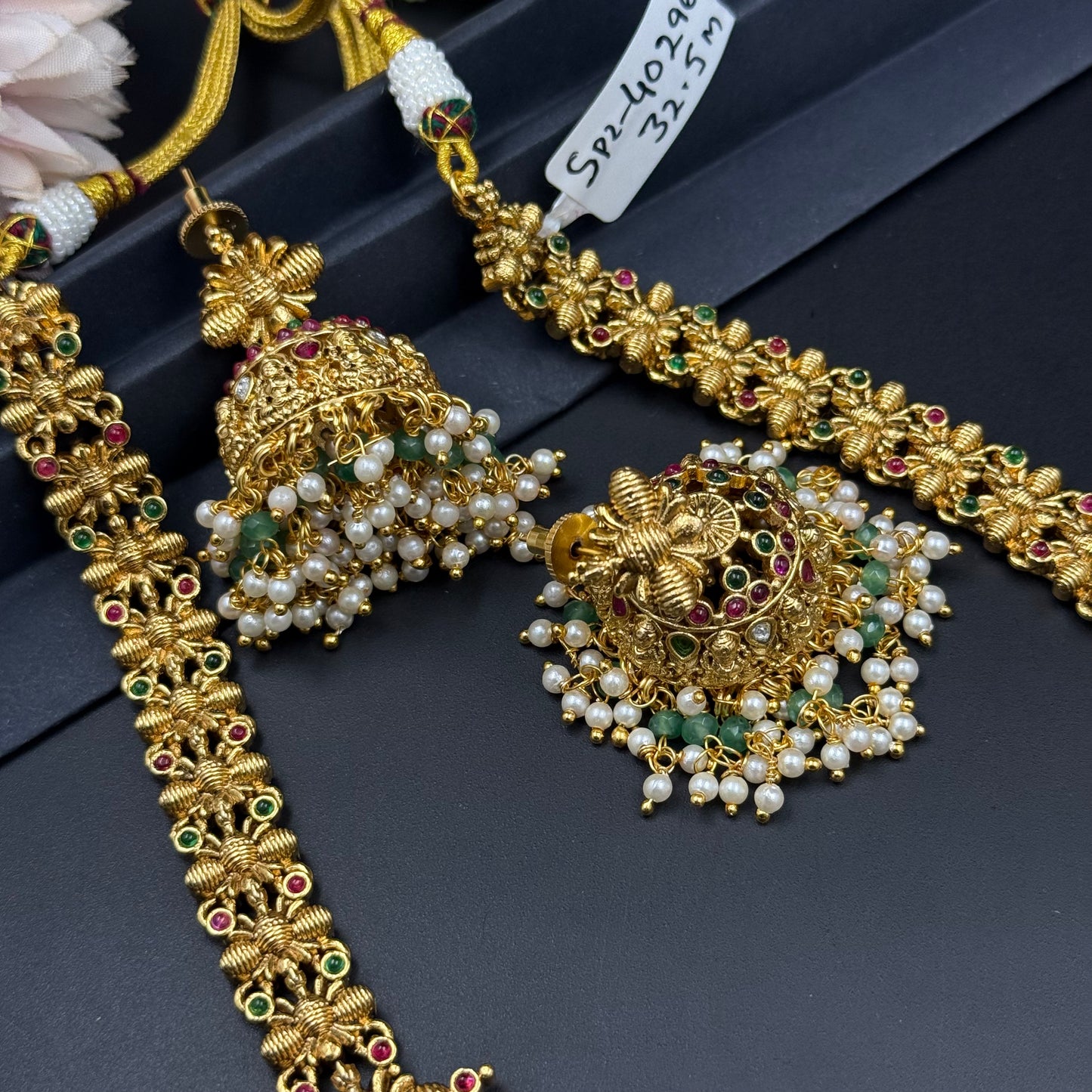 40296 Nakshi Long haaram with Jhumkas and double layer pearls making