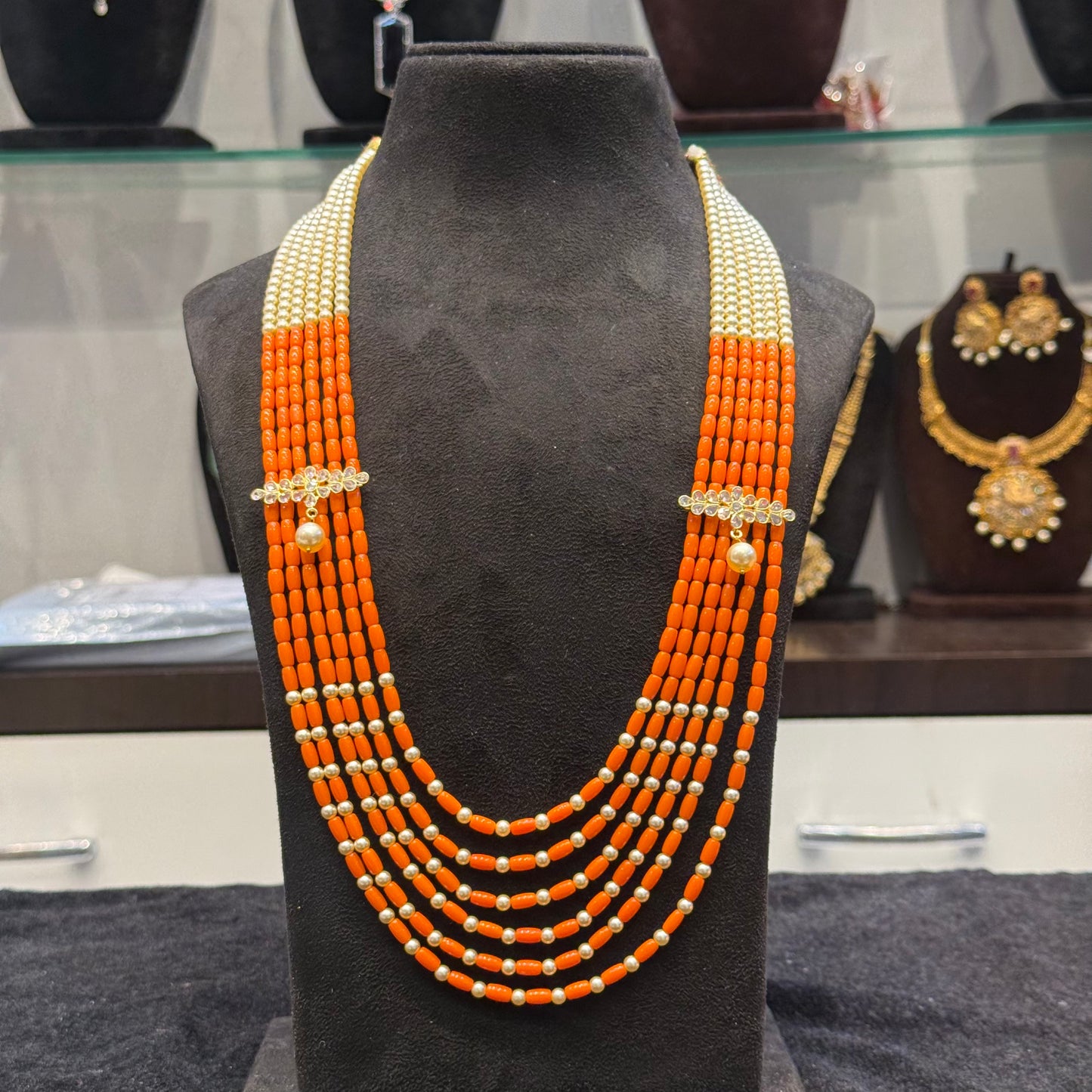 41330 Coral Beads mala with Swarovski pearls combination