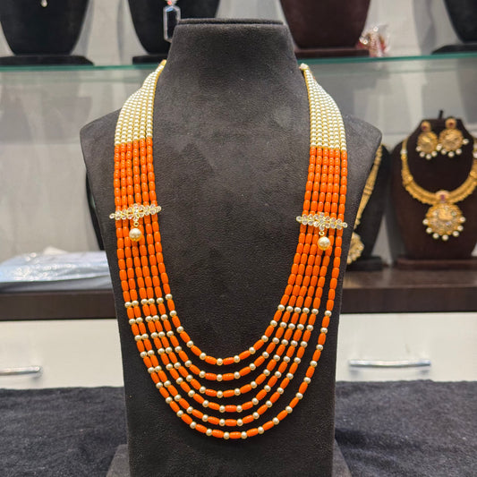 41330 Coral Beads mala with Swarovski pearls combination