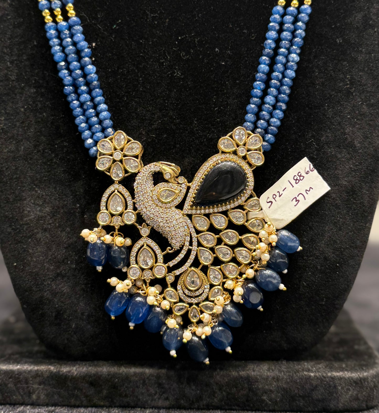 18866 Victorian Onex Blue Beads Mala With Fancy Peacock pendant