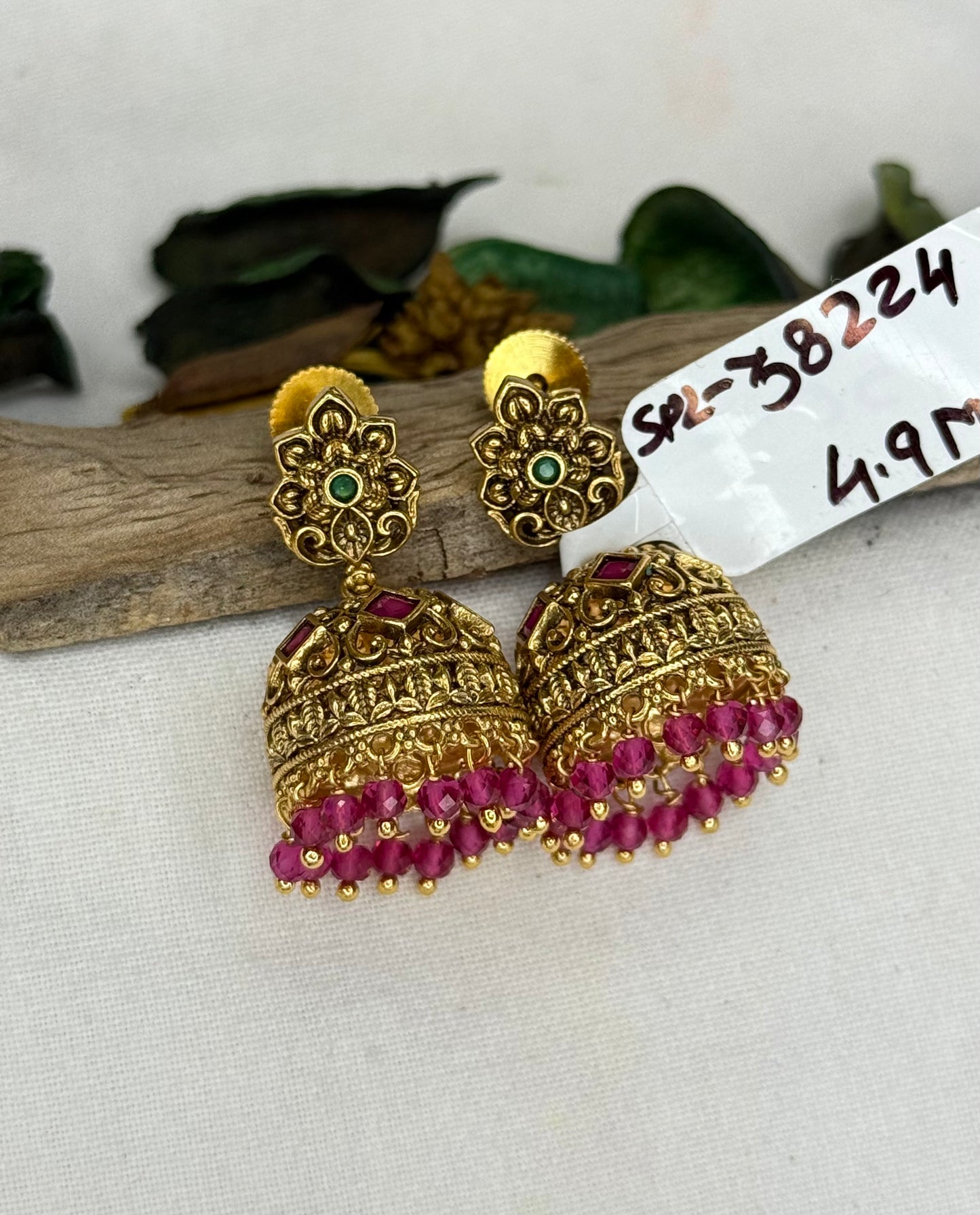 38224 Nakshi flower jhumki with pink crystals