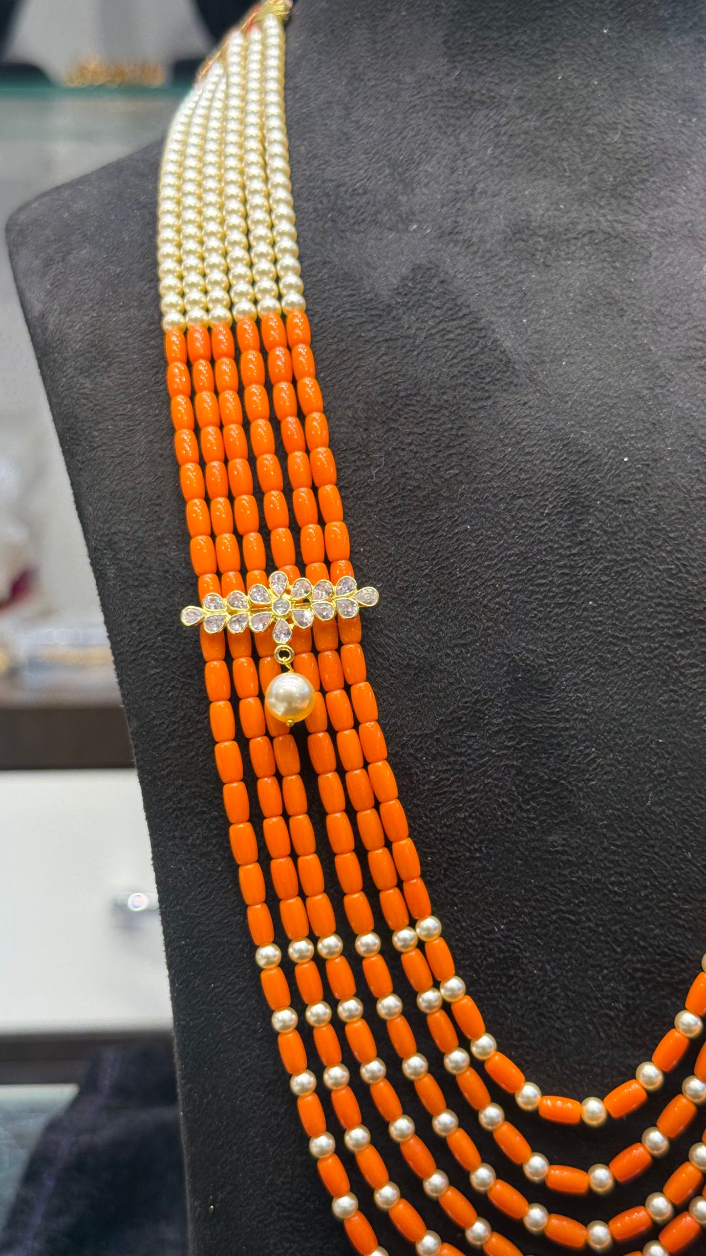 41330 Coral Beads mala with Swarovski pearls combination