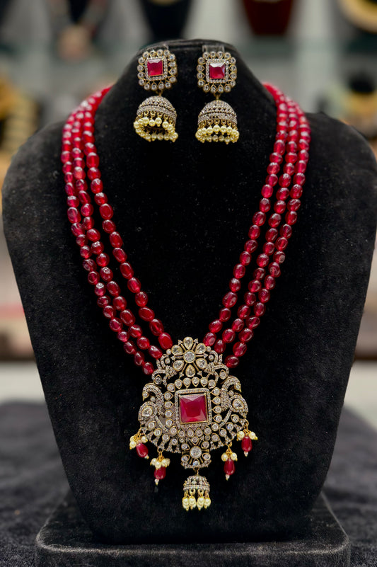 24889 Victorian Beads Mala with Monalisa Beads and Ruby stone Moissanite Stones