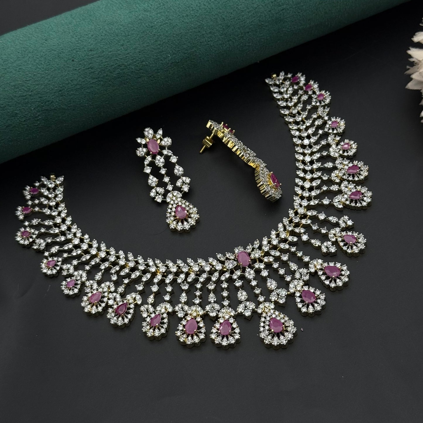 41841 Diamond replica bridal necklace with Ruby stones and screwback earrings