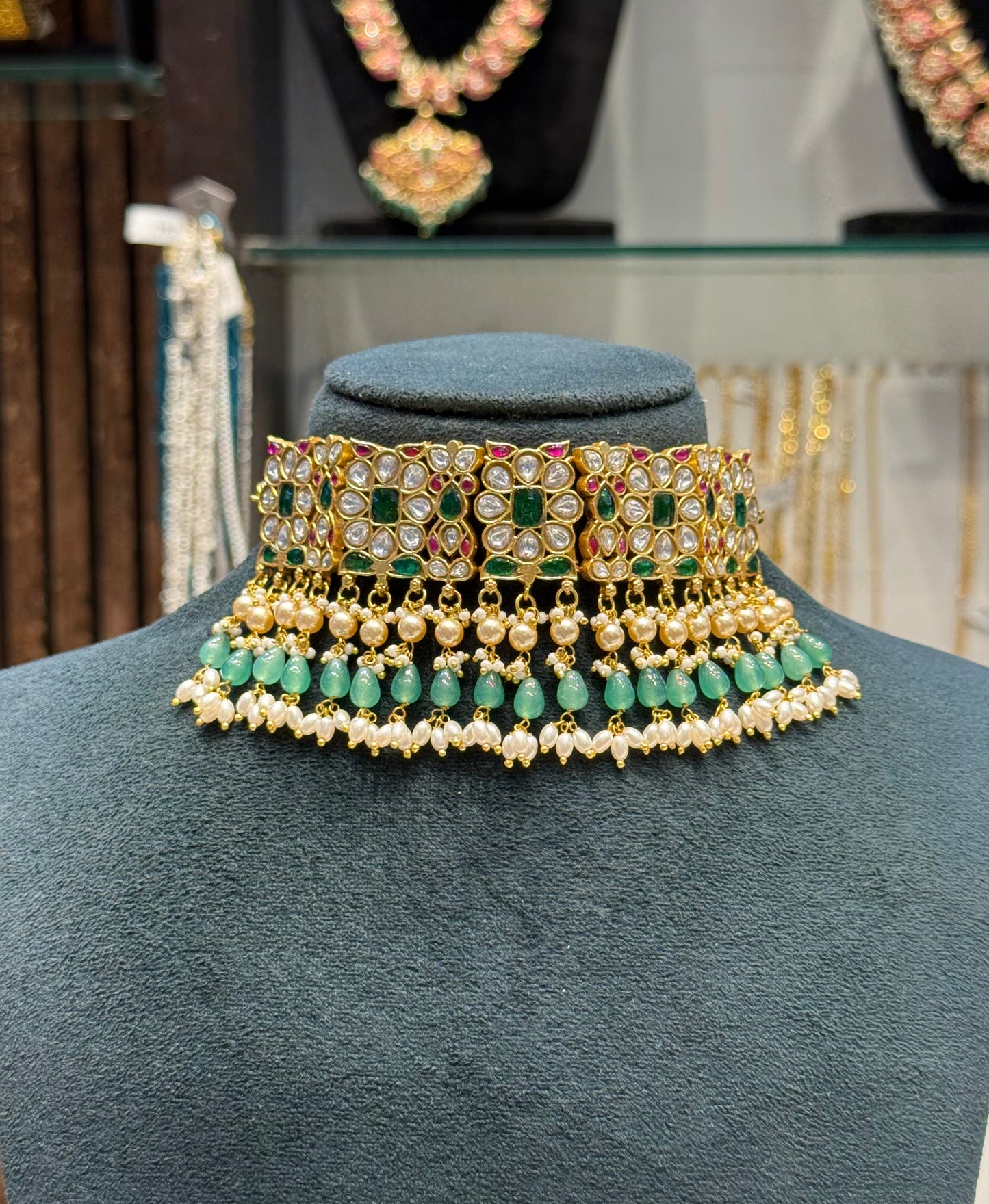 39904 Real Jadau Kundan Bridal choker with double layer hangings