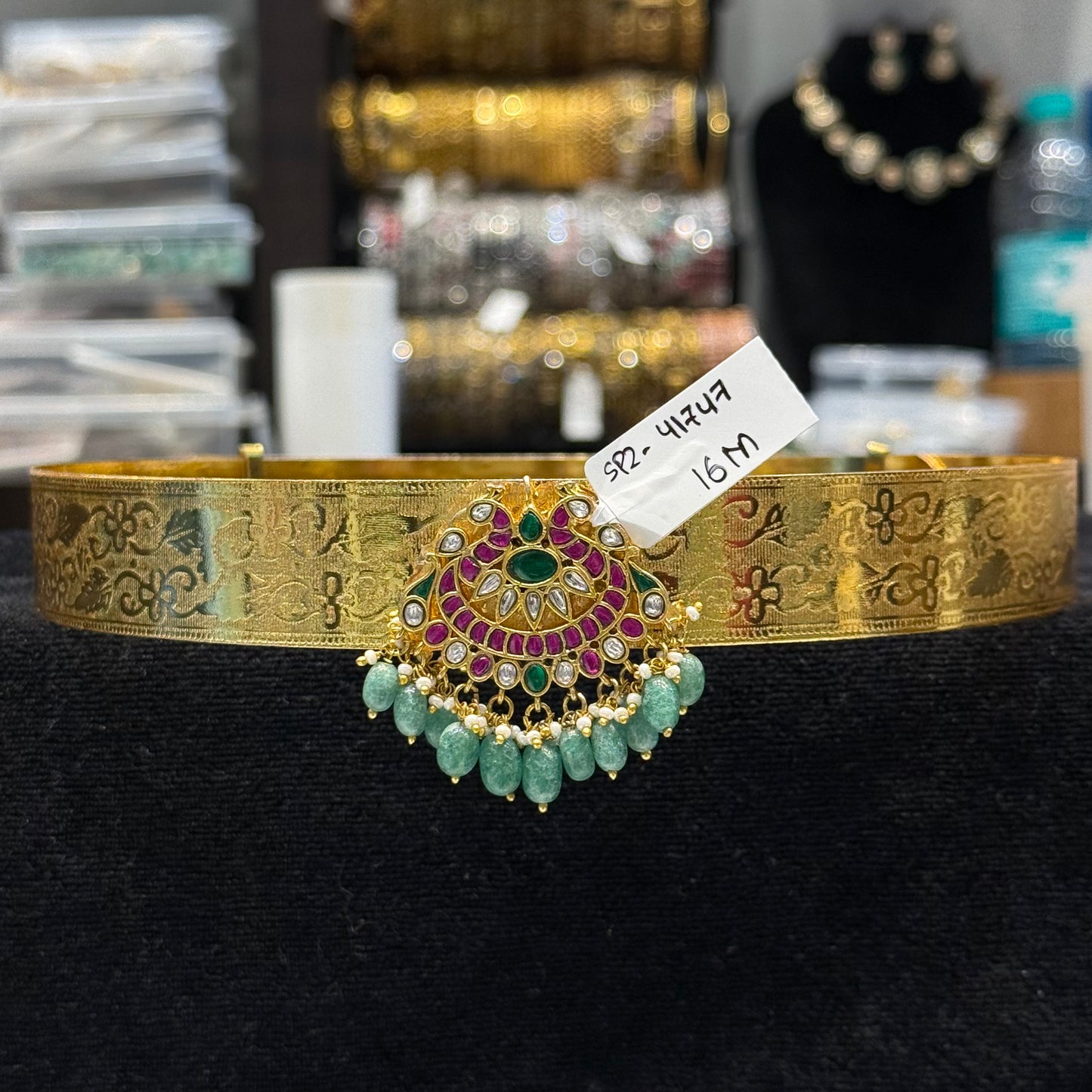 41747 Jadau Kundan single locket printed baby size Vaddanam 22-28inches waist size