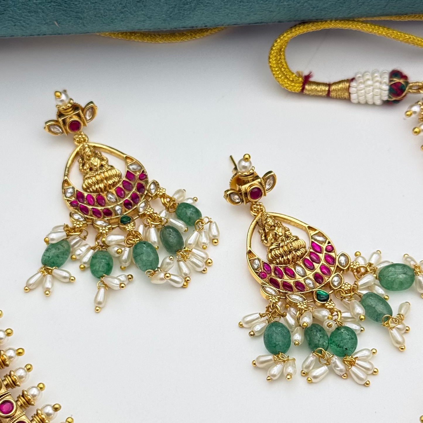 41839 Hand made gold design guttapusalu bridal Long necklace with Lakshmi locket and rice pearls