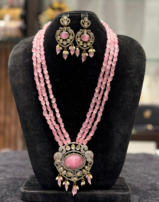 24893 Victorian polish Pink Monalisa Beads Mala with Elephant Locket