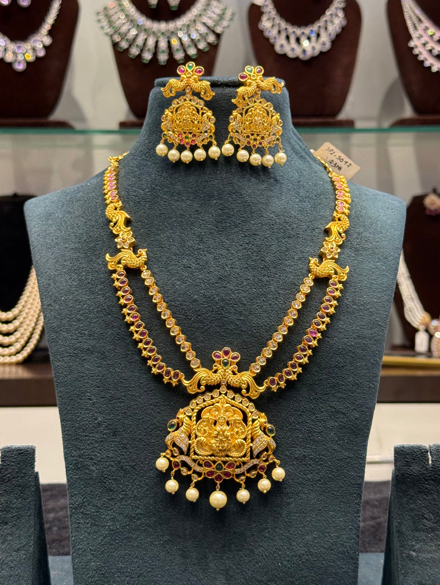 5097 Lakshmi Devi double layer matte necklace with peacock pattern