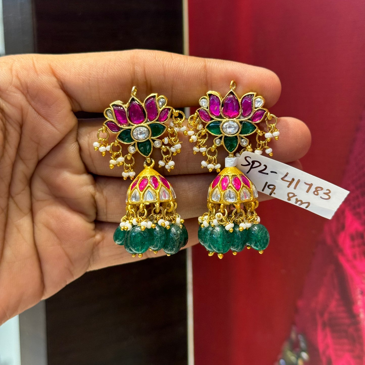 41783 / 41922 Lotus Jadau Kundan medium size screwback Jhumkas with Russian strawberry beads