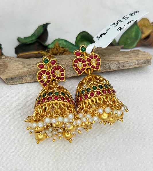 39588 Pota stone double mango Jhumkas with golden balls making