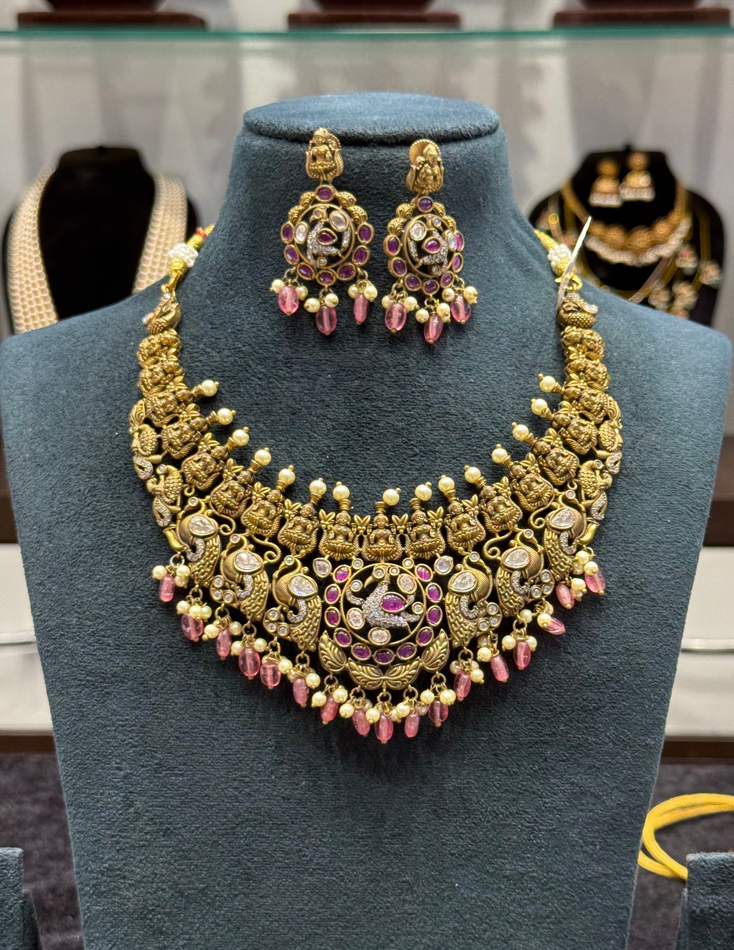 Lakshmi Devi and peacock pattern Victorian mehendi polish bridal necklace