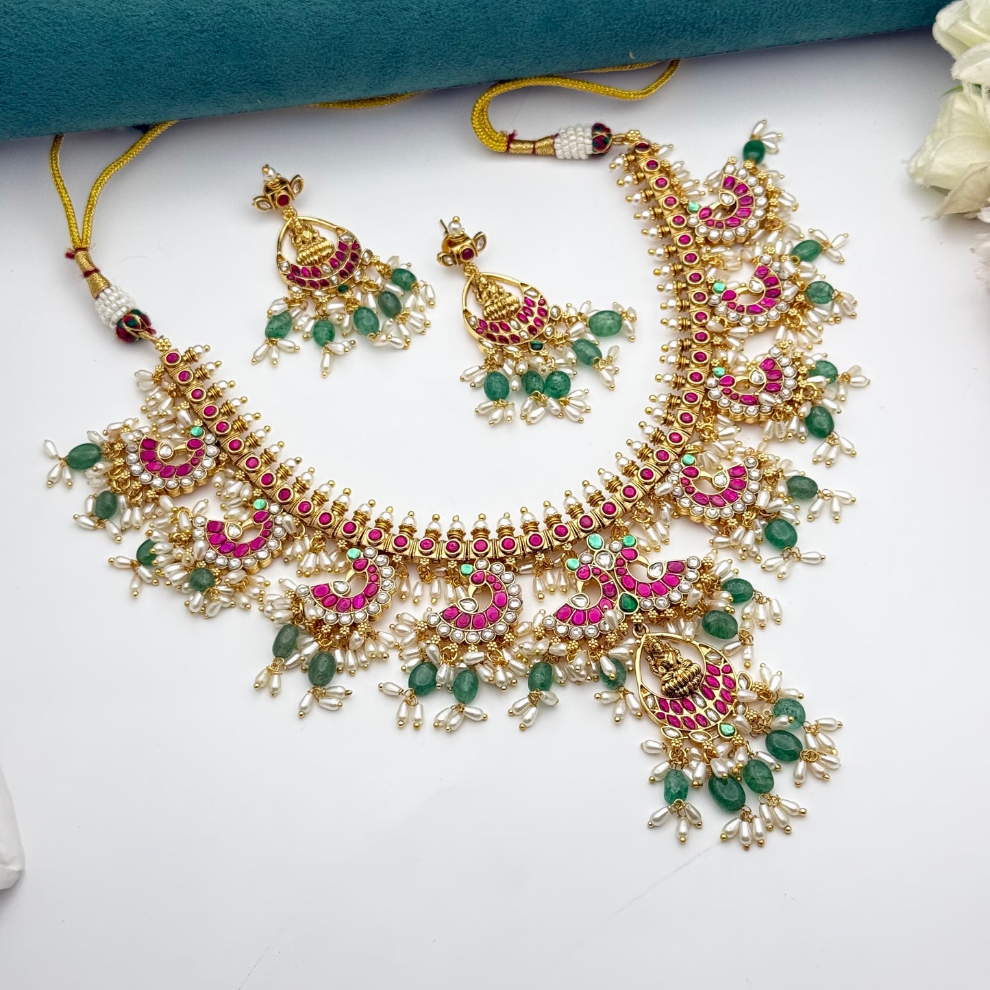 41838 Hand Made Jadau guttapusalu with Lakshmi locket and Rice pearls and Russian strawberry beads bridal design