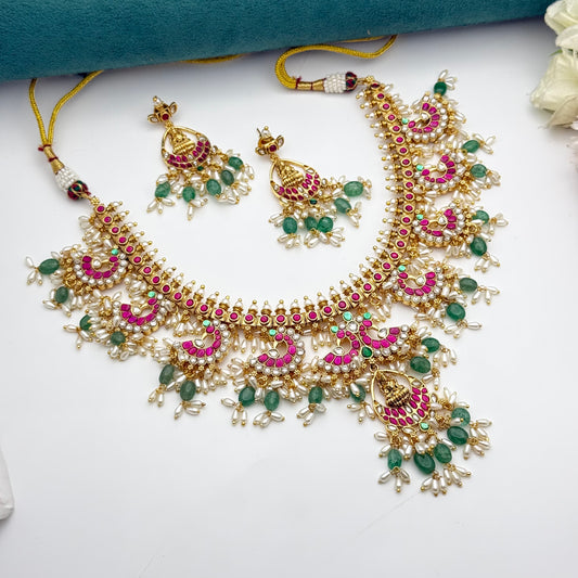41838 Hand Made Jadau guttapusalu with Lakshmi locket and Rice pearls and Russian strawberry beads bridal design