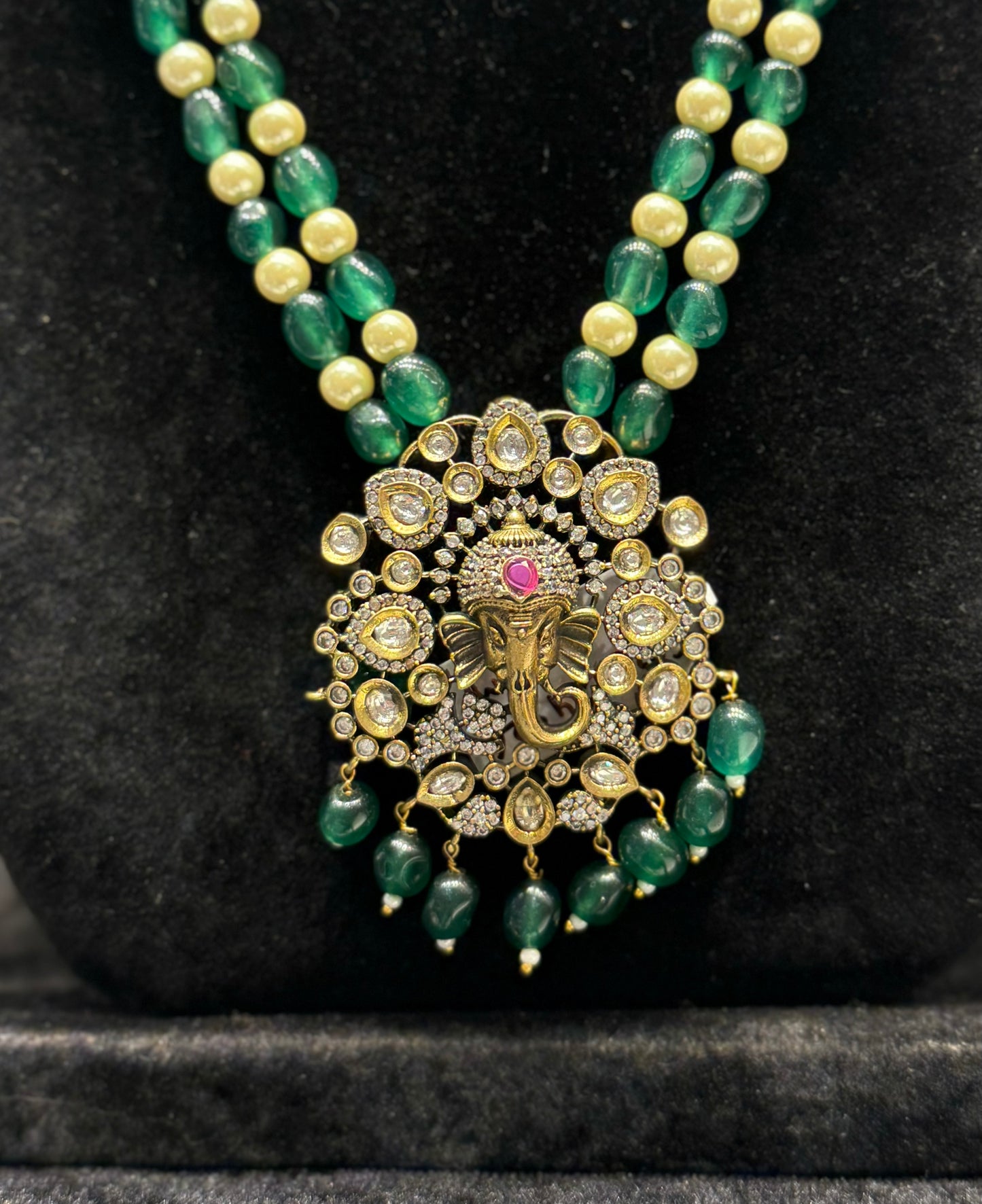 24926 Victorian Beads Mala with Ganesh Locket and Green Monalisa Beads