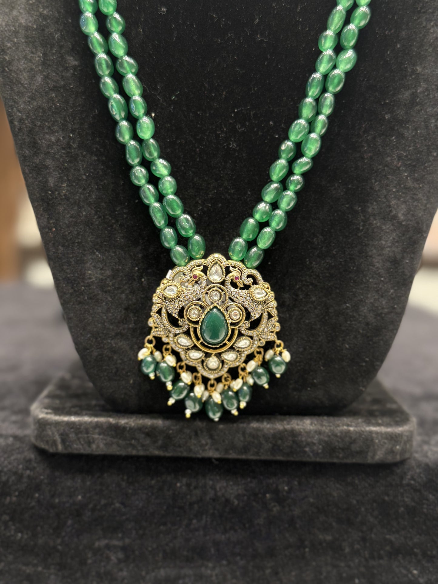 30224 Victorian beads Mala with Monalisa Green Beads and Peacock Pendant