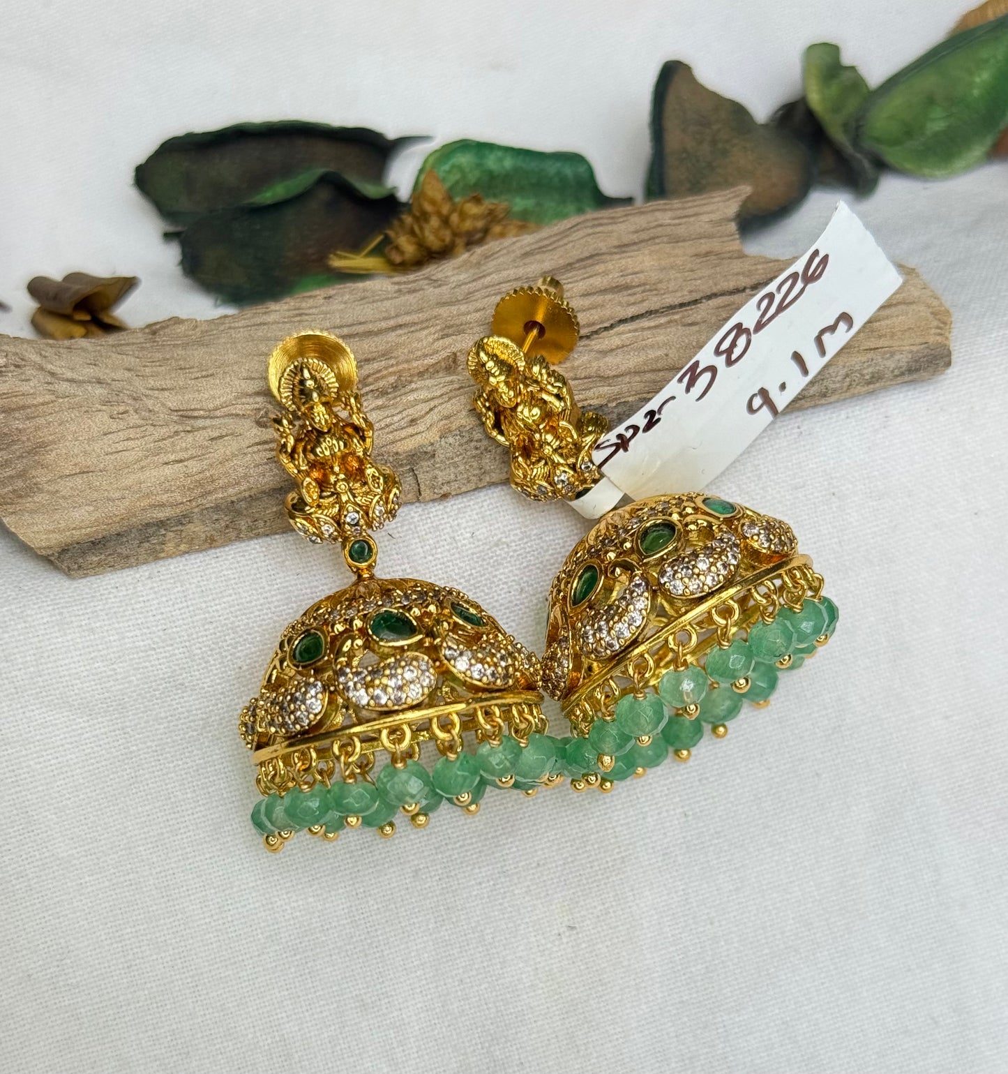 38226 Nakshi Lakshmi Jhumki with light green onex beads