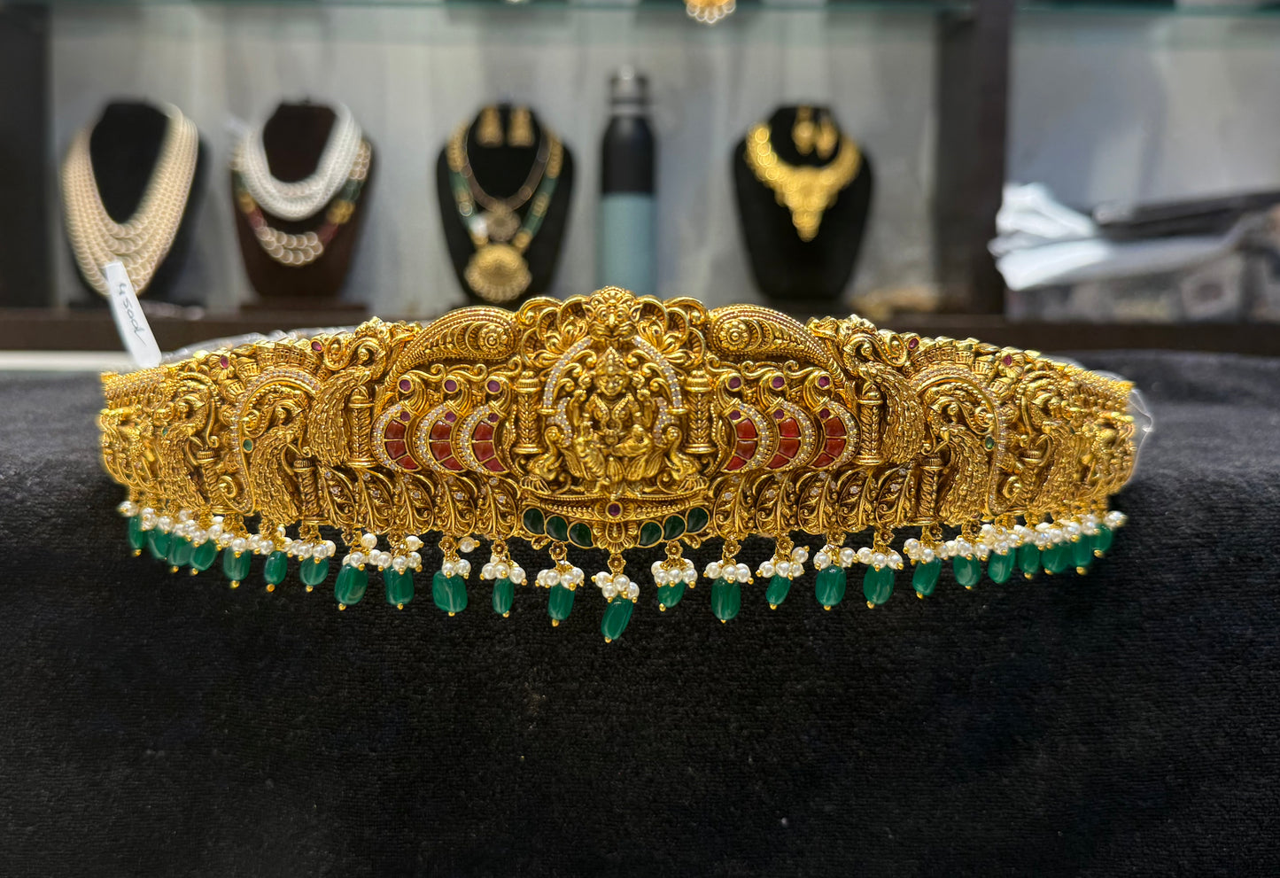 39424 Nakshi jadau kundan Vaddanam with monalisa drops and printed belt