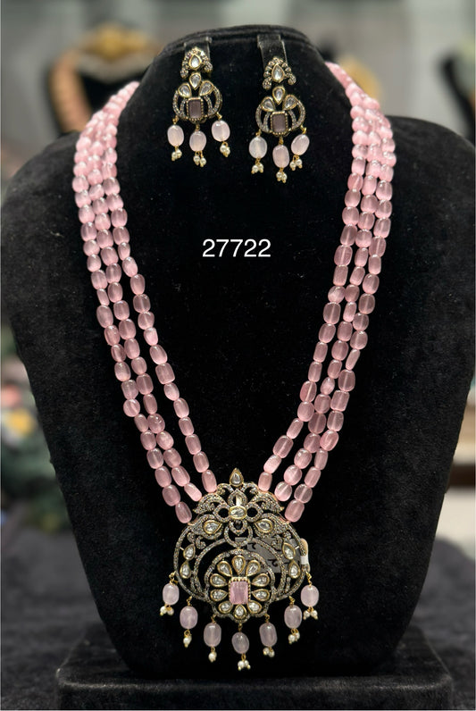 27722 Victorian Beads Mala with Pink Monalisa Beads and Peacock Pendant