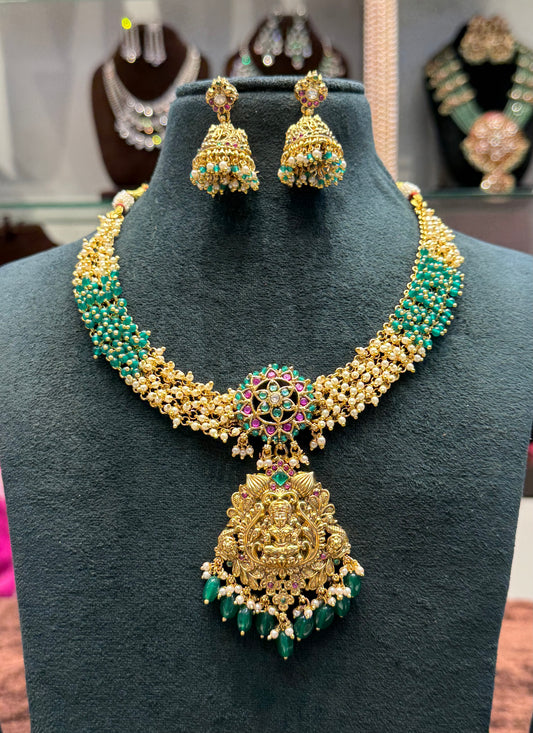 39757 Handmade Nakshi Jadau short pearl set