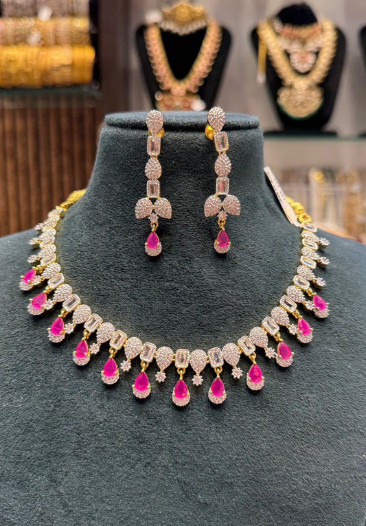 38549 Real Diamond Look Necklace with Ruby drop stones