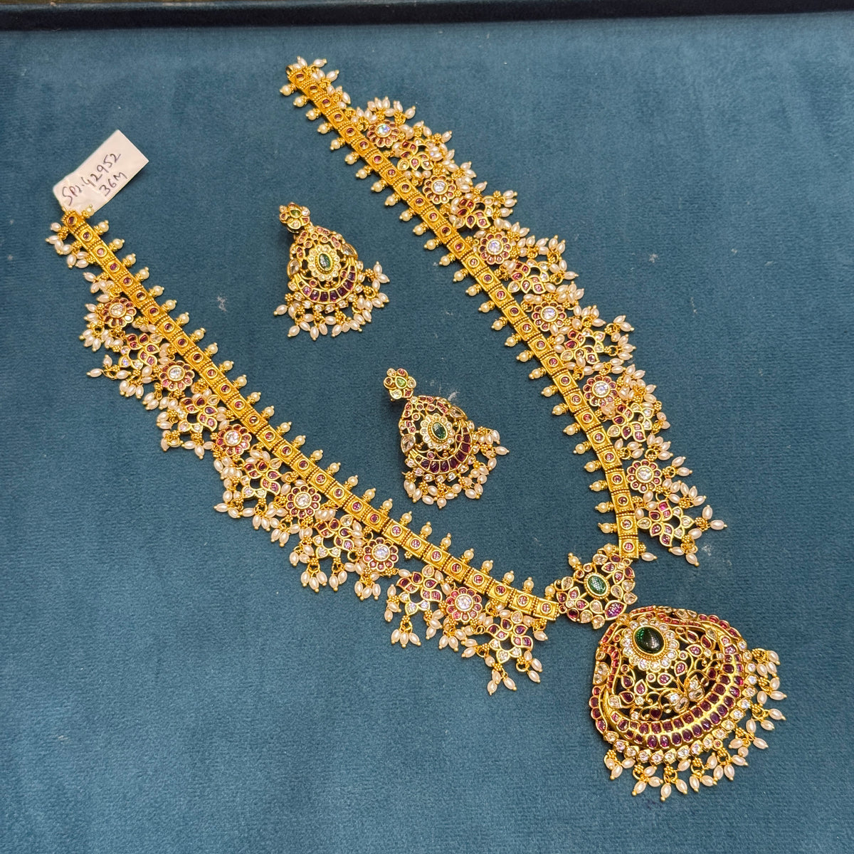 Premium Gold Finishing Multi Colour Guttapusalu Long Necklace with Screwback Earrings