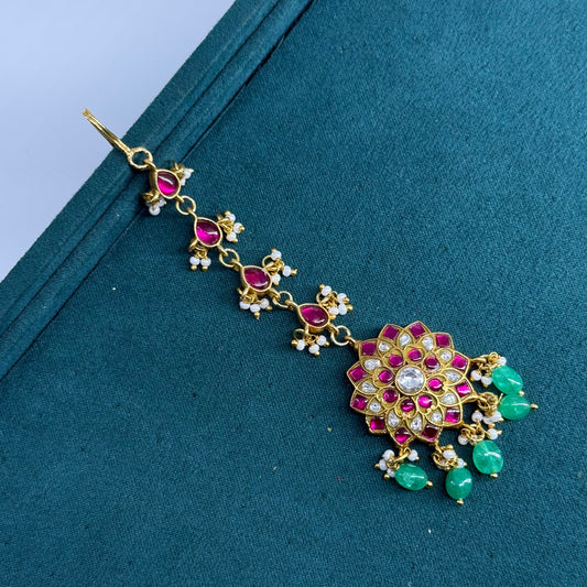 Jadau Kundan white and red Bridal Mangtikka with extension