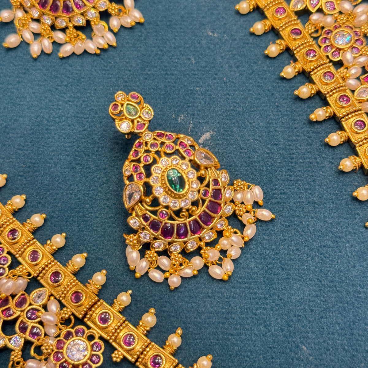 Premium Gold Finishing Multi Colour Guttapusalu Long Necklace with Screwback Earrings