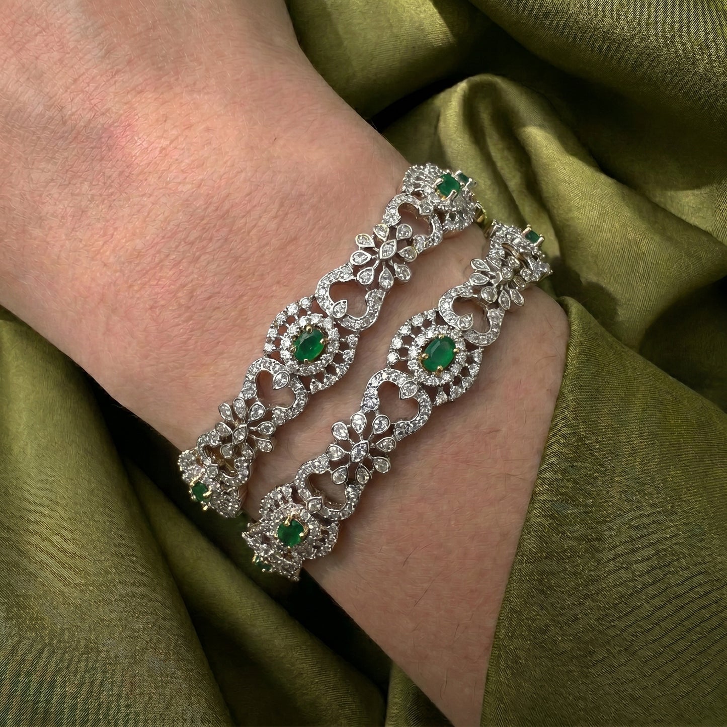 41936 Diamond replica openable bangles with premium quality and finishing in Emerald stones