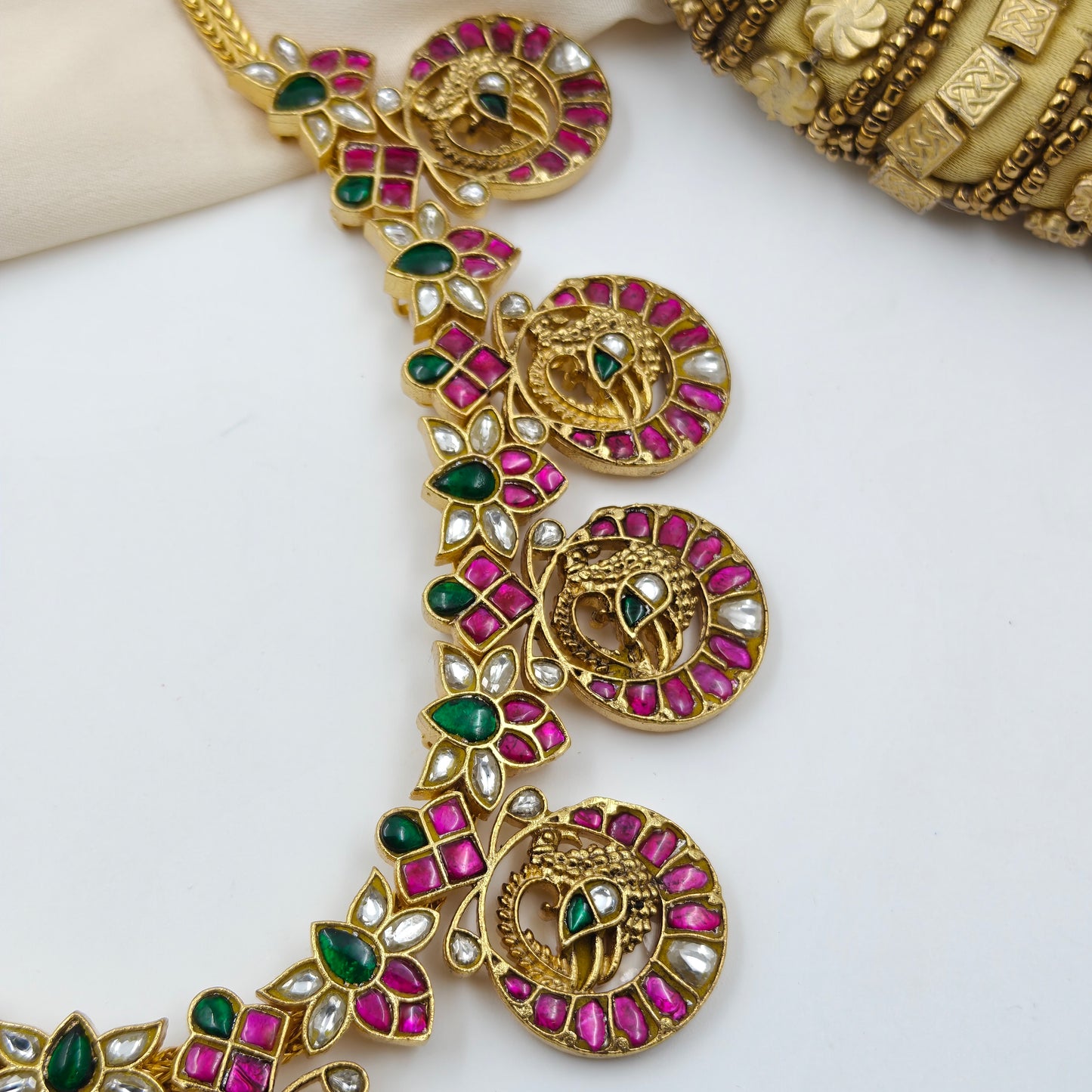 39741 Real Jadau Kundan hand setting stones Lakshmi and peacock hasli necklace