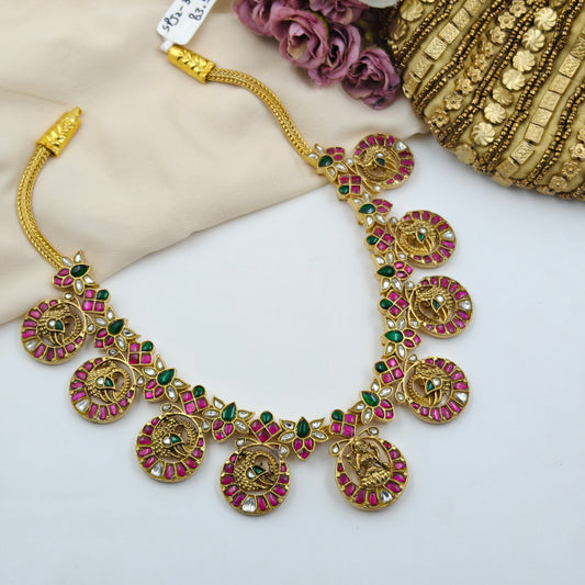 39741 Real Jadau Kundan hand setting stones Lakshmi and peacock hasli necklace