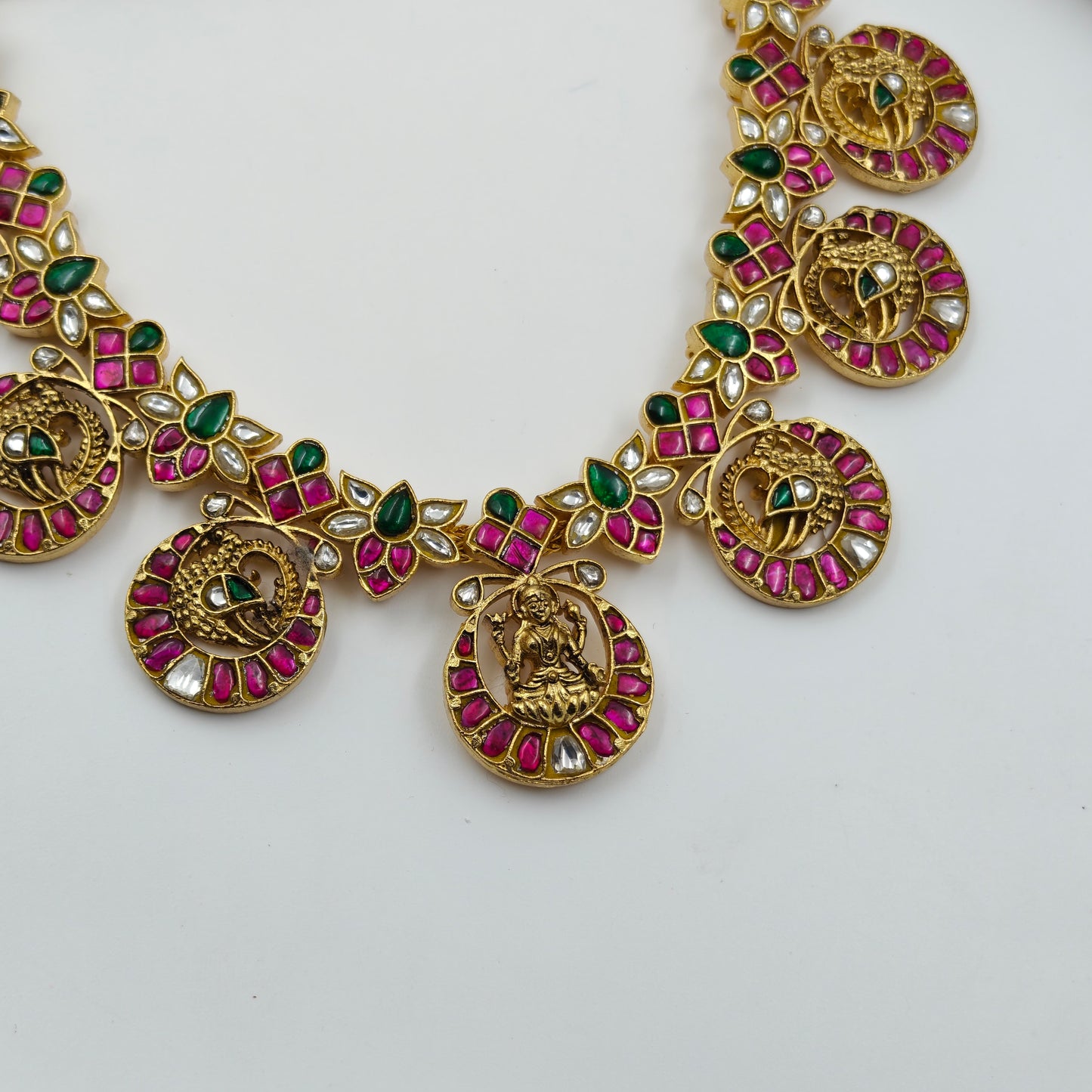 39741 Real Jadau Kundan hand setting stones Lakshmi and peacock hasli necklace