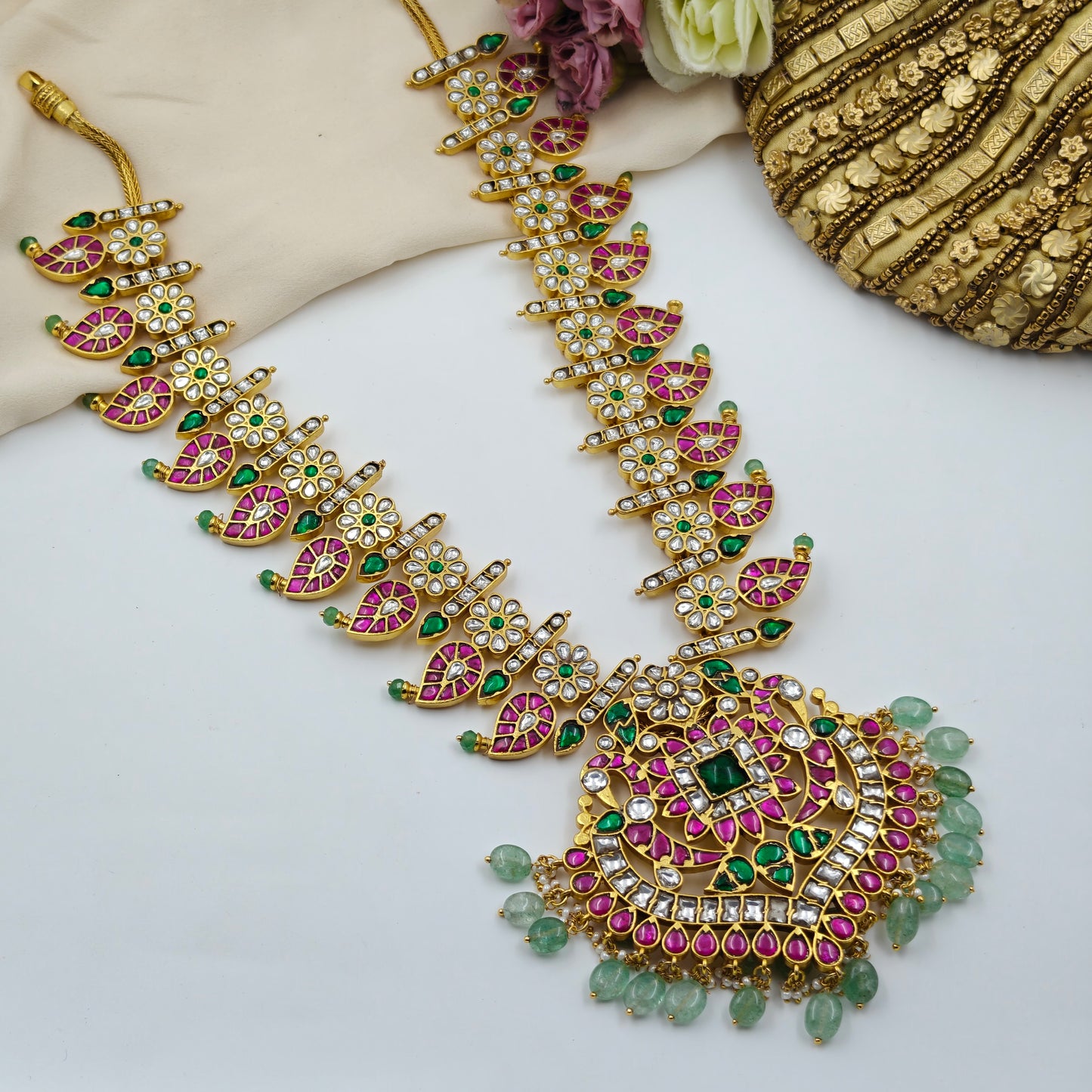 39693 Jadau mango multi colour necklace