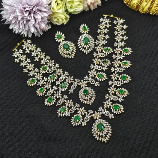 39786 Real diamond look 2 layers necklace with emerald stones and screwback earrings