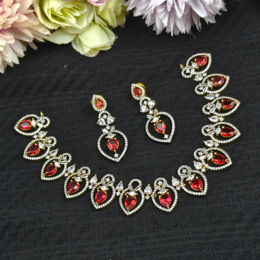 17868 Real diamond look short necklace with cutting red stones and hangings