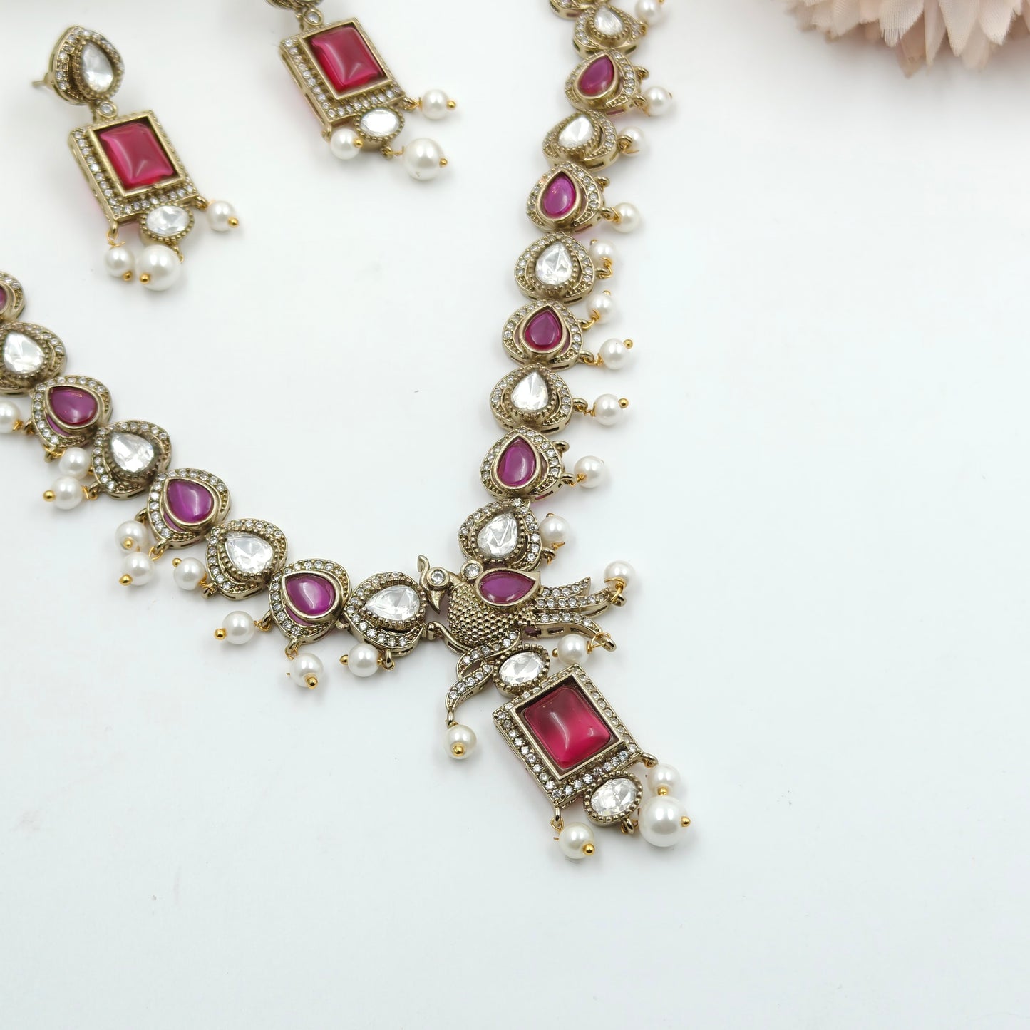 Victorian mehendi necklace with pearls and ruby stones and moissanites