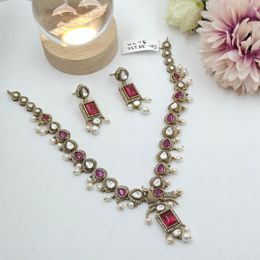 Victorian mehendi necklace with pearls and ruby stones and moissanites