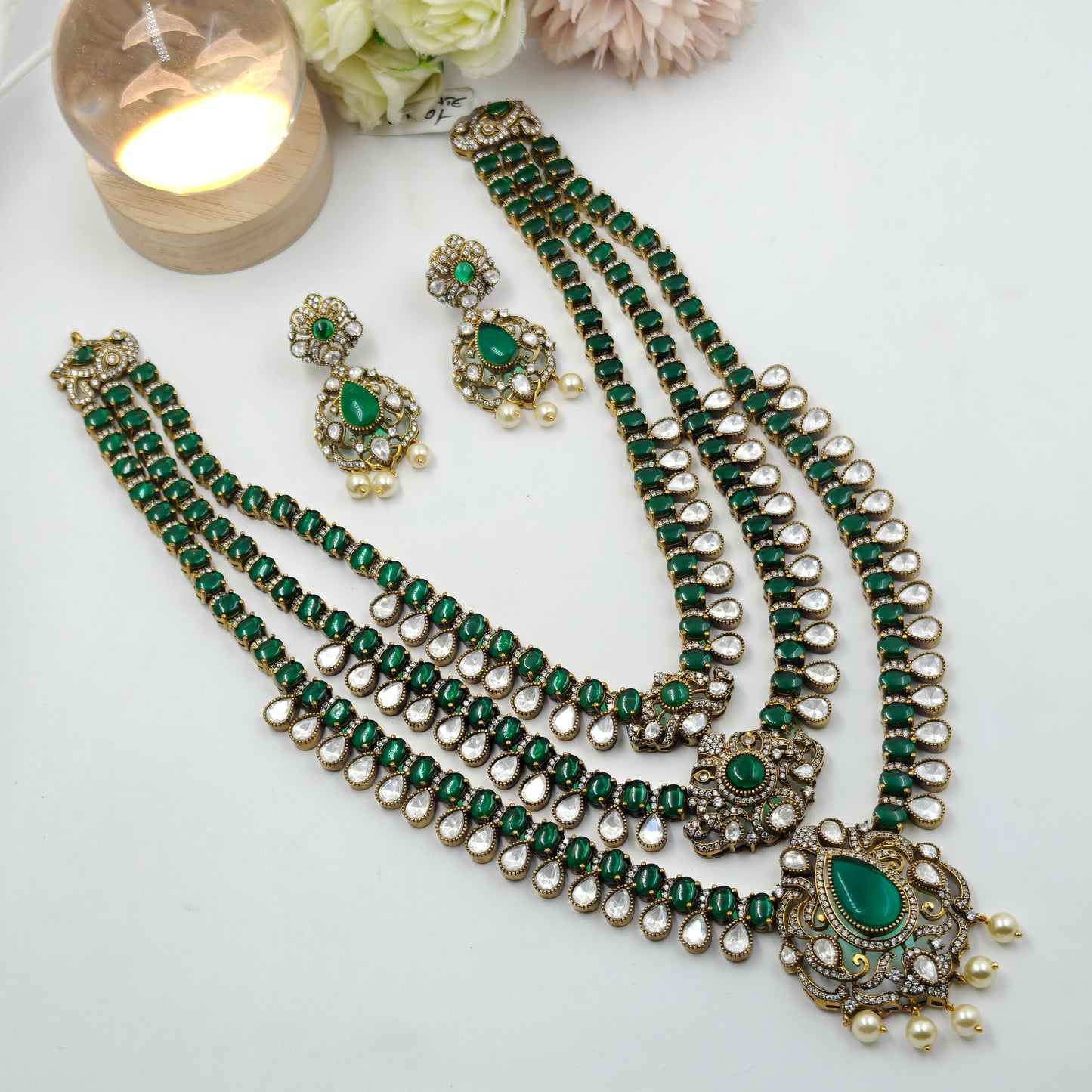 39286 - 3 Layers Victorian Moissanite Long Necklace Green Set