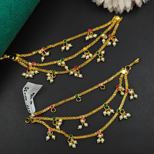 32430 : 3 Lines Pearls Champaswaralu With Multi Stone Short