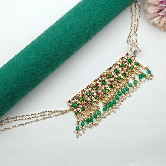 39904 Real Jadau Kundan Bridal choker with double layer hangings