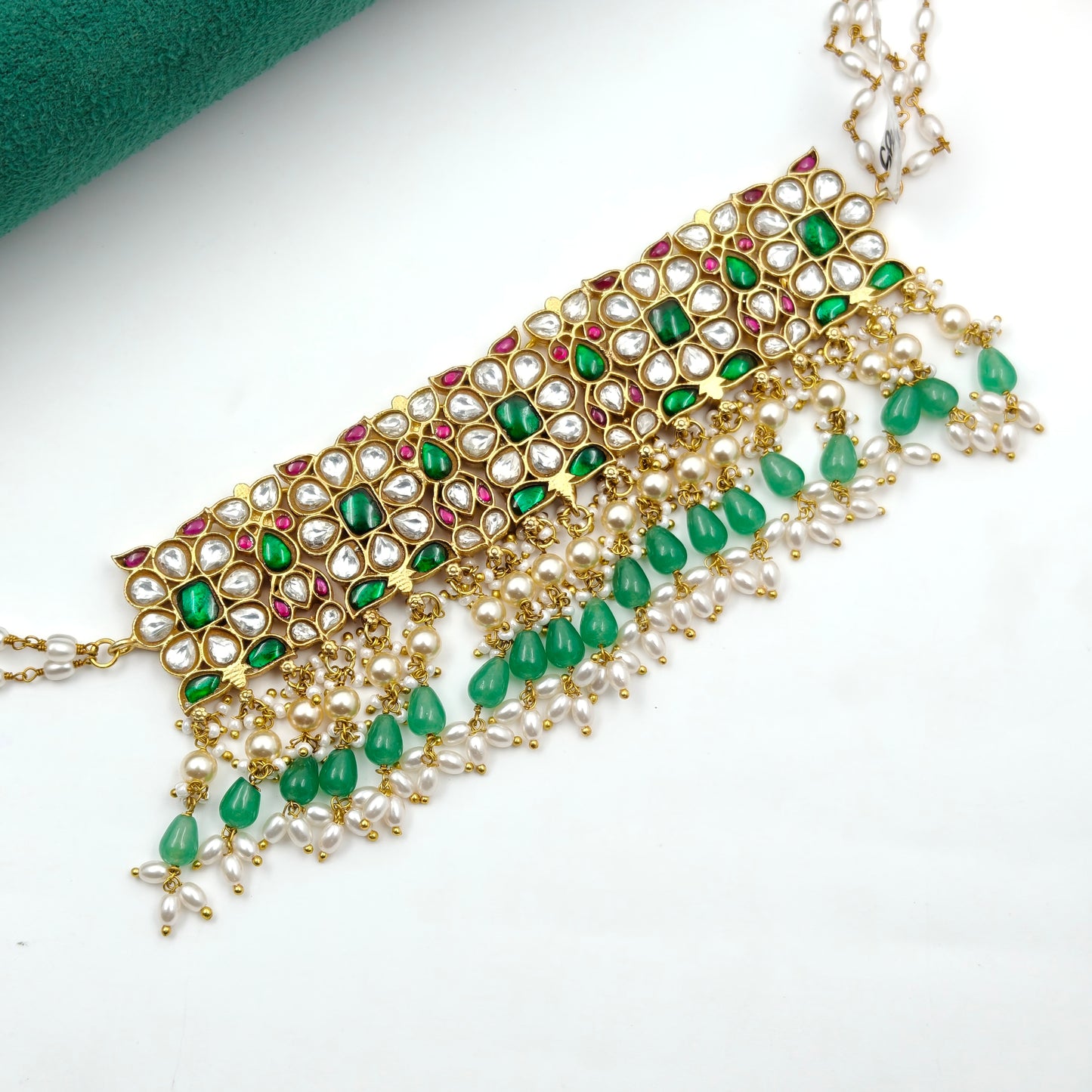 39904 Real Jadau Kundan Bridal choker with double layer hangings