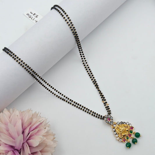 17510: 2 Lines Black Beads Mala With Victorian laxmi Pendent