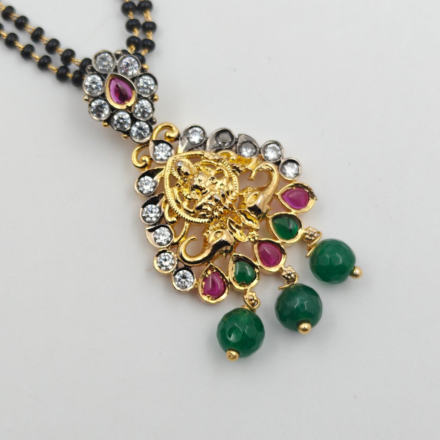 17510: 2 Lines Black Beads Mala With Victorian laxmi Pendent