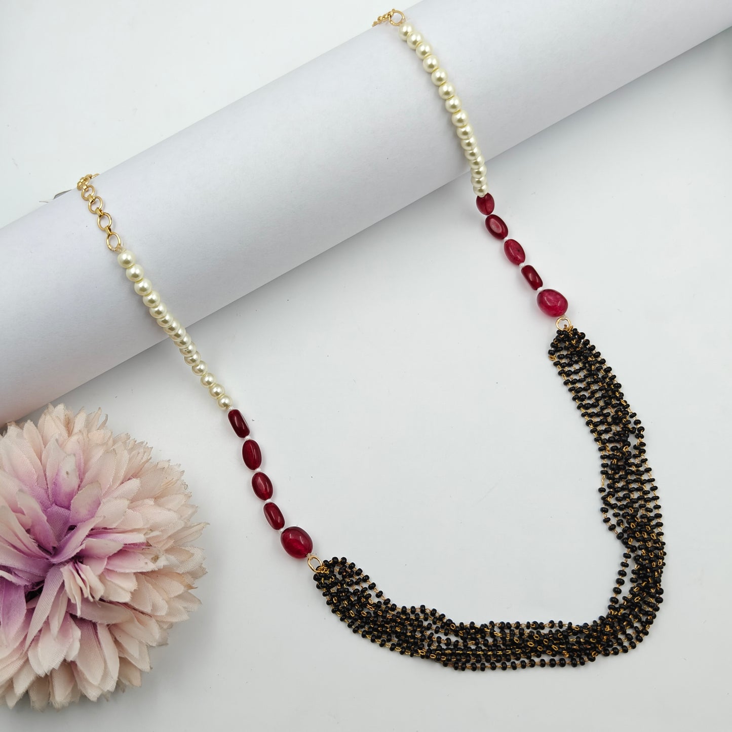 20265 Black Beads Bunch With Pearls And Red Beads Mala