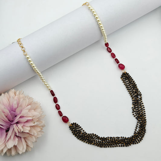 20265 Black Beads Bunch With Pearls And Red Beads Mala