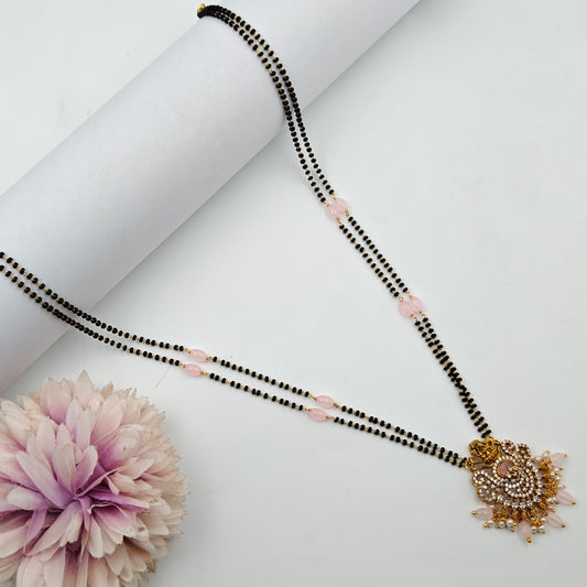 39840 2 lines black beads with Lakshmi locket and pink monalisa beads